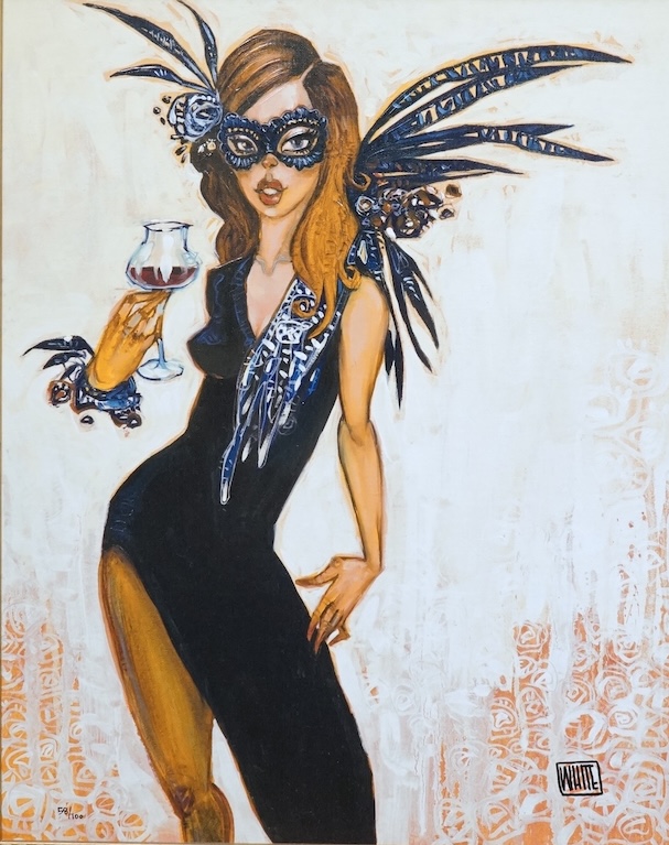 Todd White (b.1969), contemporary embellished canvas on board, ‘White tie affair’, limited edition 58/100, 50 x 39cm